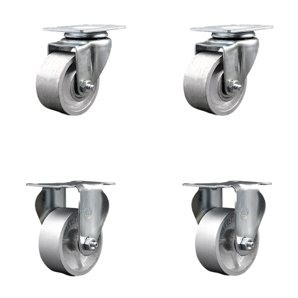 Swivel Caster Set of 4 with 2 Rigid Casters - 3 Inch Semi Steel Cast Iron Wheel with Roller Bearing – 300 lbs. Capacity Per Caster – 4 Inch x 4-1/2 Inch Overall Top Plate – Service Caster Brand — photo 1
