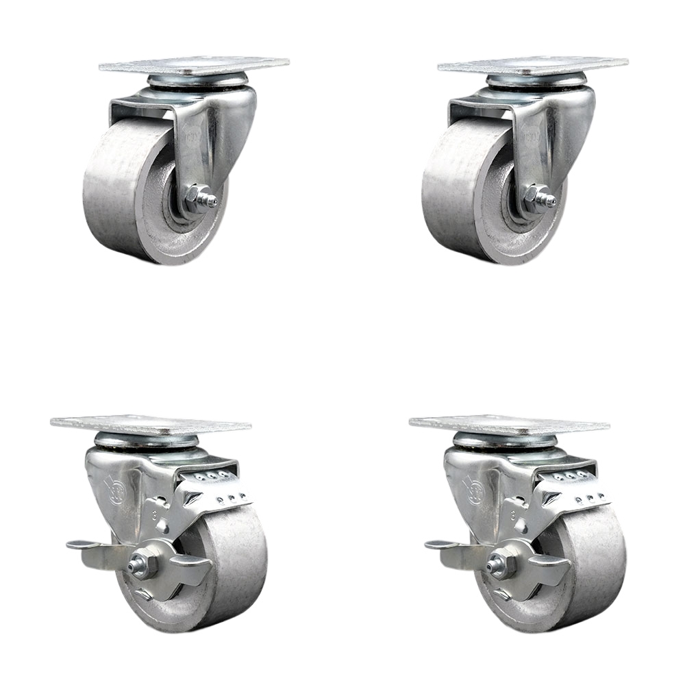 Semi Steel Cast Iron Swivel Top Plate Caster Set of 4 with Roller Bearings - 3 Inch Silver Wheels - Includes 2 Swivel with Top Locking Brakes and 2 Swivel-1200 lbs. Total Capacity-Service Caster Brand — photo 1