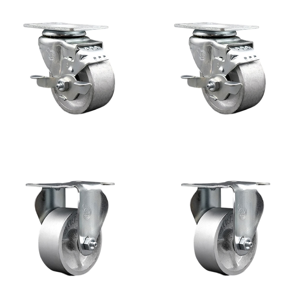 Semi Steel Cast Iron Swivel Top Plate Caster Set of 4 with Roller Bearings - 3 Inch Silver Wheels - Includes 2 Swivel with Top Locking Brakes and 2 Rigid -1200 lbs. Total Capacity-Service Caster Brand — photo 1