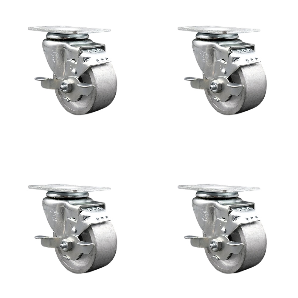 Swivel Caster Set of 4 with Brakes and 3 Inch Semi Steel Cast Iron Wheel – 300 lbs. Capacity Per Caster – 4 Inch x 4-1/2 Inch Overall Top Plate – Service Caster Brand — photo 1