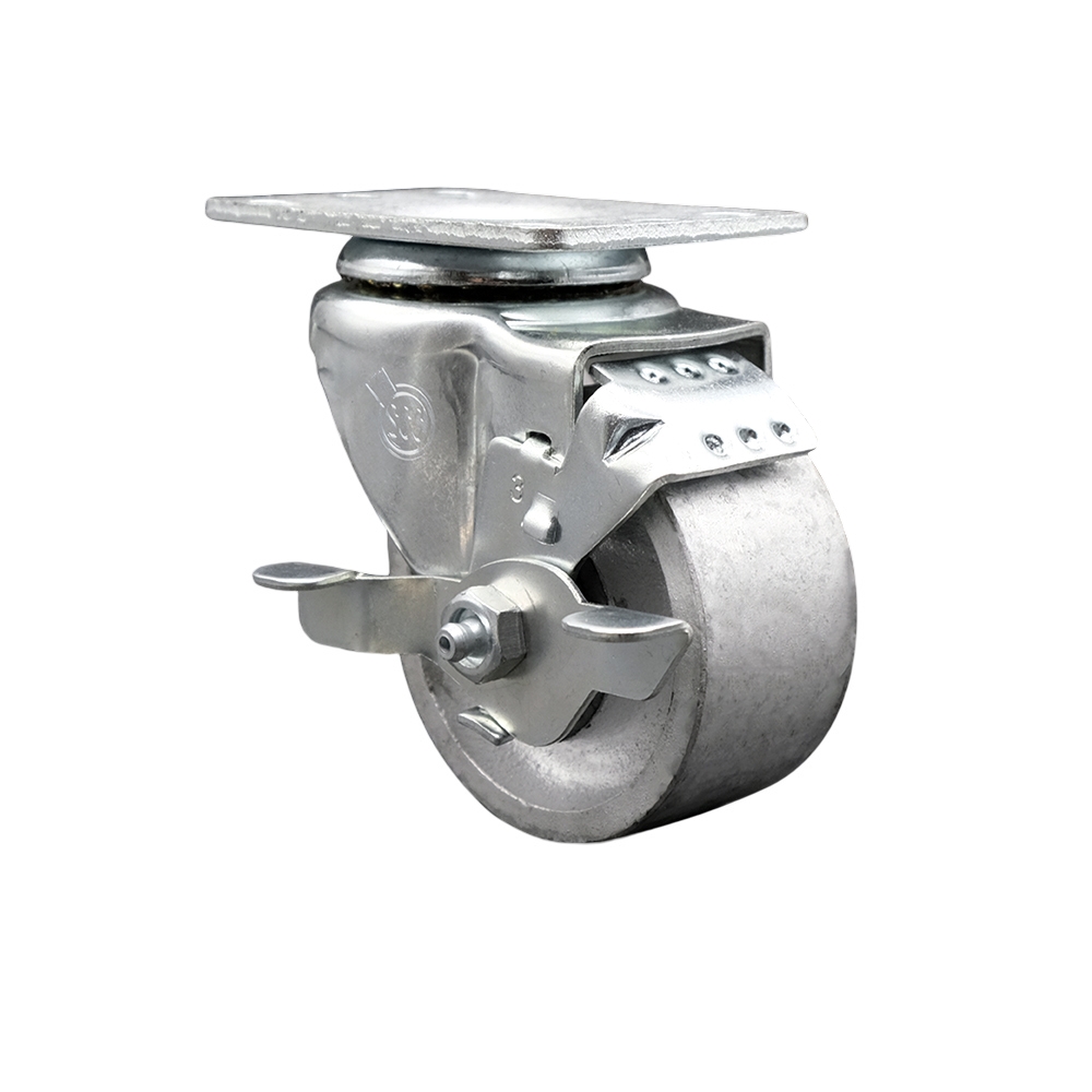 Semi Steel Cast Iron Swivel Top Plate Swivel Caster with Roller Bearing - 3 Inch Silver Wheel and Top Locking Brake - 300 lbs. Capacity Per Caster - Service Caster Brand — photo 1