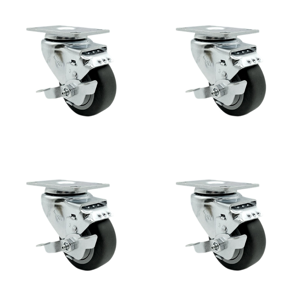 Swivel Caster Set of 4 with Brakes and 3 Inch Thermoplastic Rubber Wheel – 210 lbs. Capacity Per Caster – 4 Inch x 4-1/2 Inch Overall Top Plate–Service Caster Brand — photo 1