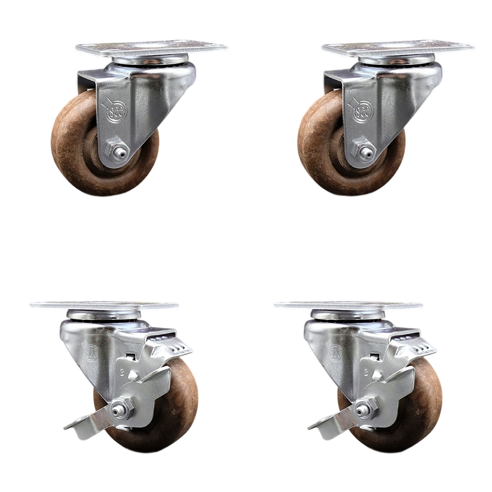 High Temperature Swivel Caster Set of 4 with 2 Brakes - 3.5 Inch High Temperature Glass Filled Nylon Wheel–350 lbs. Capacity Per Caster–3-1/8 Inch x 4-1/8 Inch Overall Top Plate–Service Caster Brand — photo 1