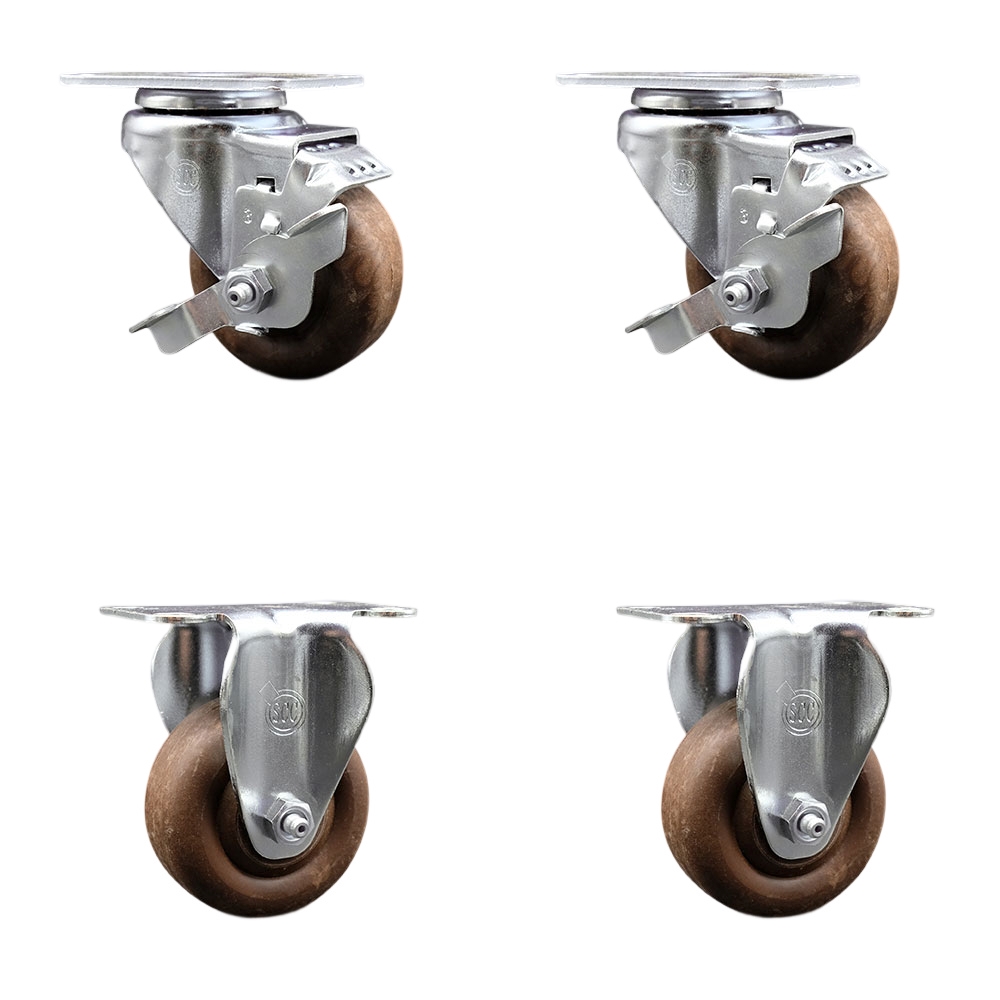 High Temperature Caster Set of 4 with 2 Brakes and 2 Rigid-3.5 Inch High Temperature Glass Filled Nylon Wheel–350 lbs. Capacity Per Caster–4 Inchx 4-1/2 Inch Overall Top Plate–Service Caster Brand — photo 1