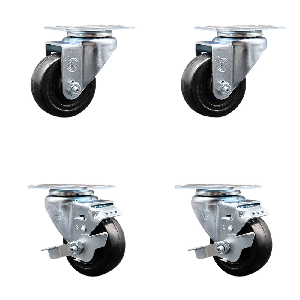 Swivel Caster Set of 4 with 2 Brakes - 3.5 Inch Hard Rubber Wheel – 285 lbs. Capacity Per Caster – 4 Inch x 4-1/2 Inch Overall Top Plate – Service Caster Brand — photo 1