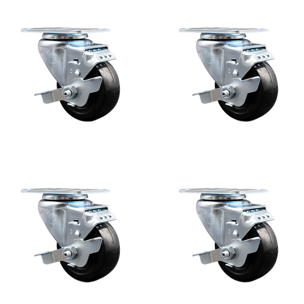 Hard Rubber Swivel Top Plate Caster Set of 4 with 3.5 Inch Black Wheels - Includes 4 Swivel with Top Lock Brakes - 1140 lbs. Total Capacity - Service Caster Brand — photo 1