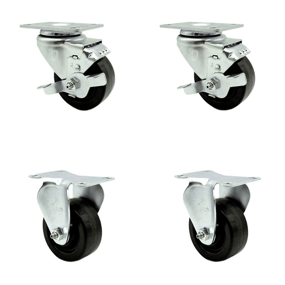Phenolic Swivel Top Plate Caster Set of 4 with Roller Bearings - 3.5 Inch Wheels - Includes 2 Swivel with Top Locking Brakes and 2 Rigid-1200 lbs. Total Capacity - Service Caster Brand — photo 1