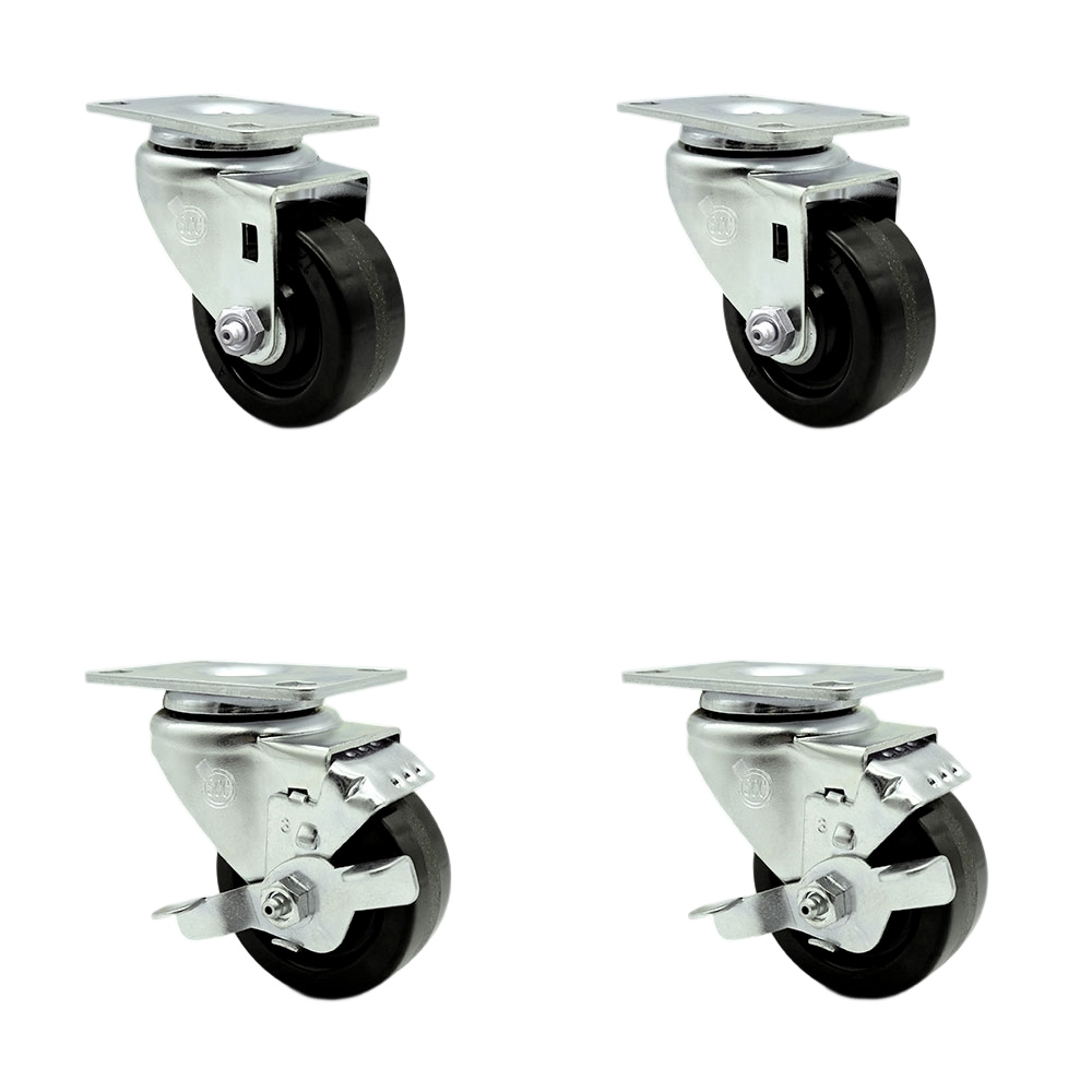 Phenolic Swivel Top Plate Caster Set of 4 with 3.5 Inch Black Wheels - Includes 2 Swivel with Top Locking Brakes and 2 Swivel - 1200 lbs. Total Capacity - Service Caster Brand — photo 1