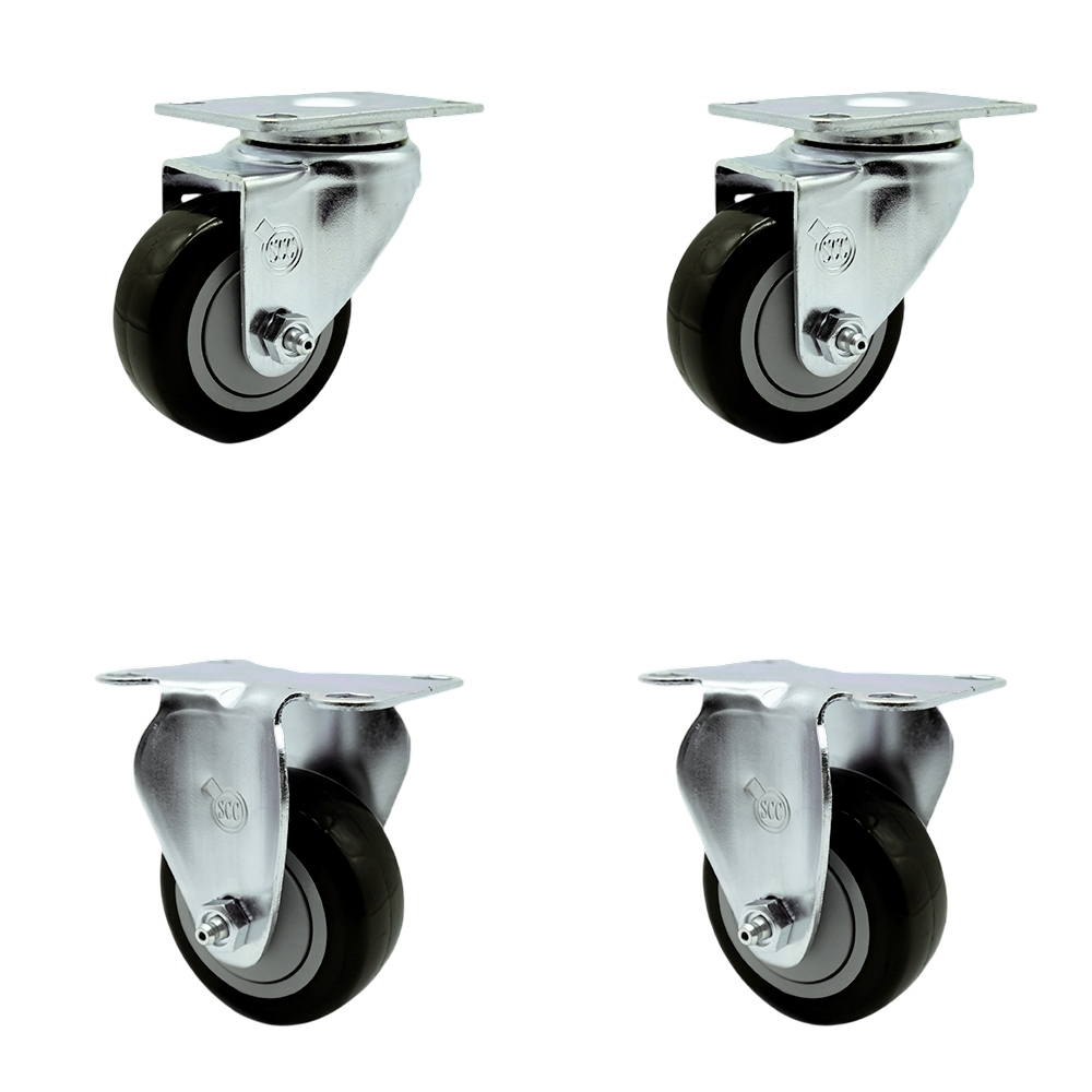 Polyurethane Swivel Top Plate Caster Set of 4 with 3.5 Inch Black Wheels - Includes 2 Swivel and 2 Rigid - 1200 lbs. Total Capacity - Service Caster Brand — photo 1