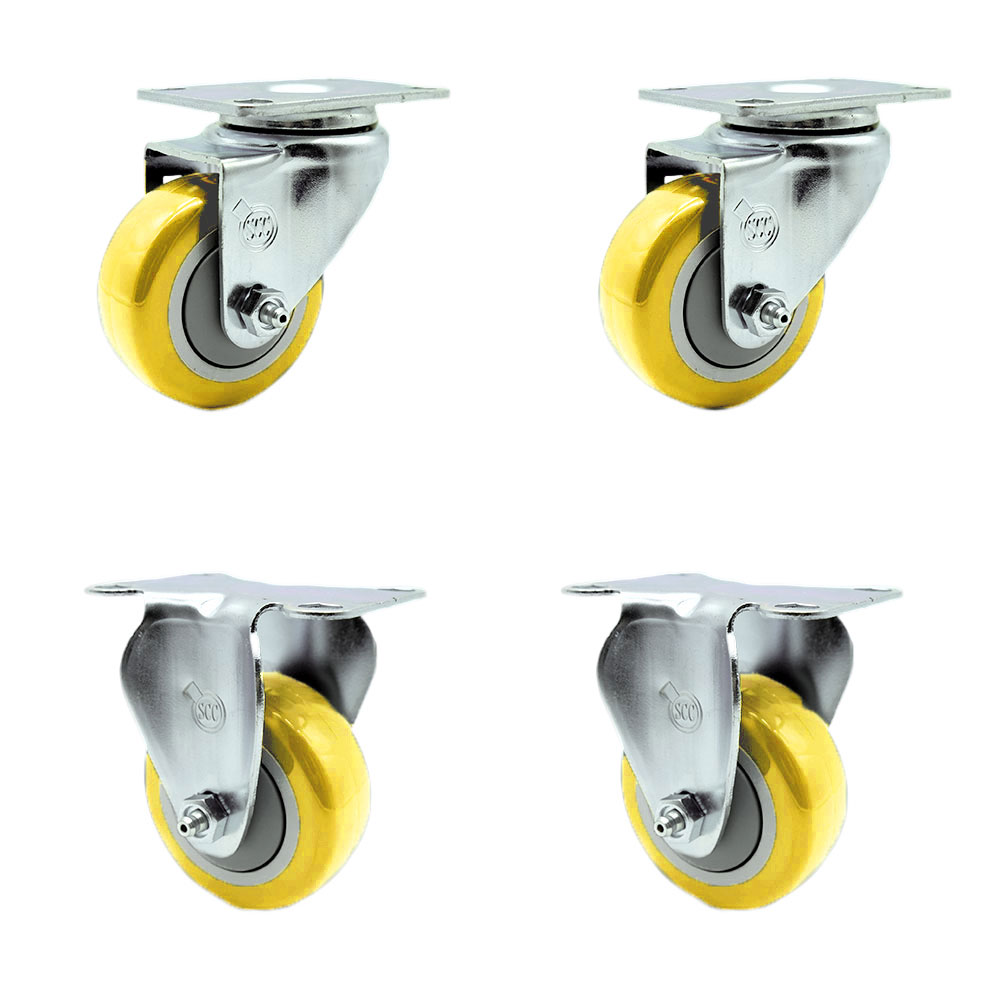 Swivel Caster Set of 4 with 2 Rigid Casters - 3.5 Inch Yellow Polyurethane Wheel – 300 lbs. Capacity Per Caster–3-1/8 Inch x 4-1/8 Inch Overall Top Plate–Service Caster Brand — photo 1