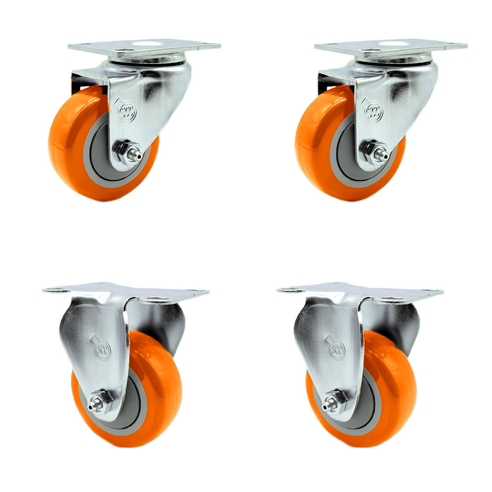 Polyurethane Swivel Top Plate Caster Set of 4 with 3.5 Inch Orange Wheels - Includes 2 Swivel and 2 Rigid - 1200 lbs. Total Capacity - Service Caster Brand — photo 1