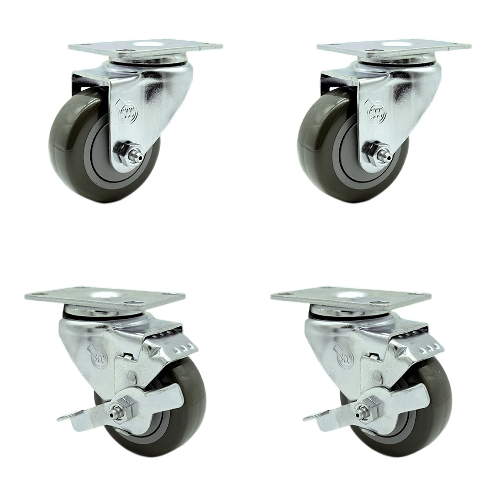Tool Box Caster Wheel Set - 3.5 Inch Non-Marking, Maintenance Free Gray Polyurethane Wheels - Industrial Grade - 2 Swivel with Top Lock Brakes - Service Caster Brand — photo 1