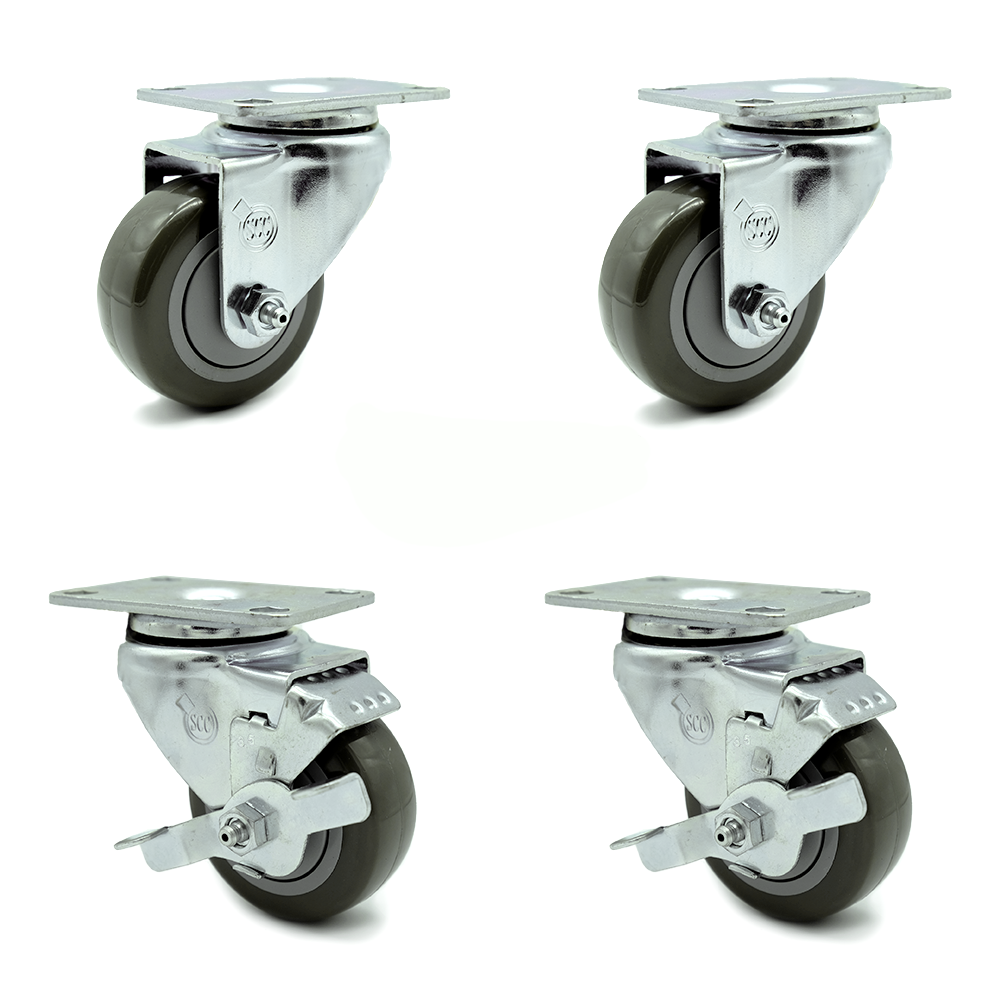 Swivel Caster Set of 4 with 2 Brakes - 3.5 Inch Gray Polyurethane Wheel – 300 lbs. Capacity Per Caster – 4 Inch x 4-1/2 Inch Overall Top Plate – Service Caster Brand — photo 1