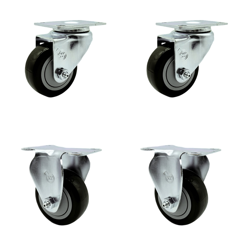 Swivel Caster Set of 4 with 2 Rigid Casters - 3.5 Inch Black Polyurethane Wheel – 300 lbs. Capacity Per Caster–3-1/8 Inch x 4-1/8 Inch Overall Top Plate–Service Caster Brand — photo 1