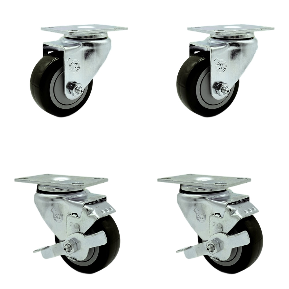 Tool Box Caster Wheel Set - 3.5 Inch Non-Marking, Maintenance Free Black Polyurethane Wheels - Industrial Grade - 2 Swivel with Top Lock Brakes - Service Caster Brand — photo 1
