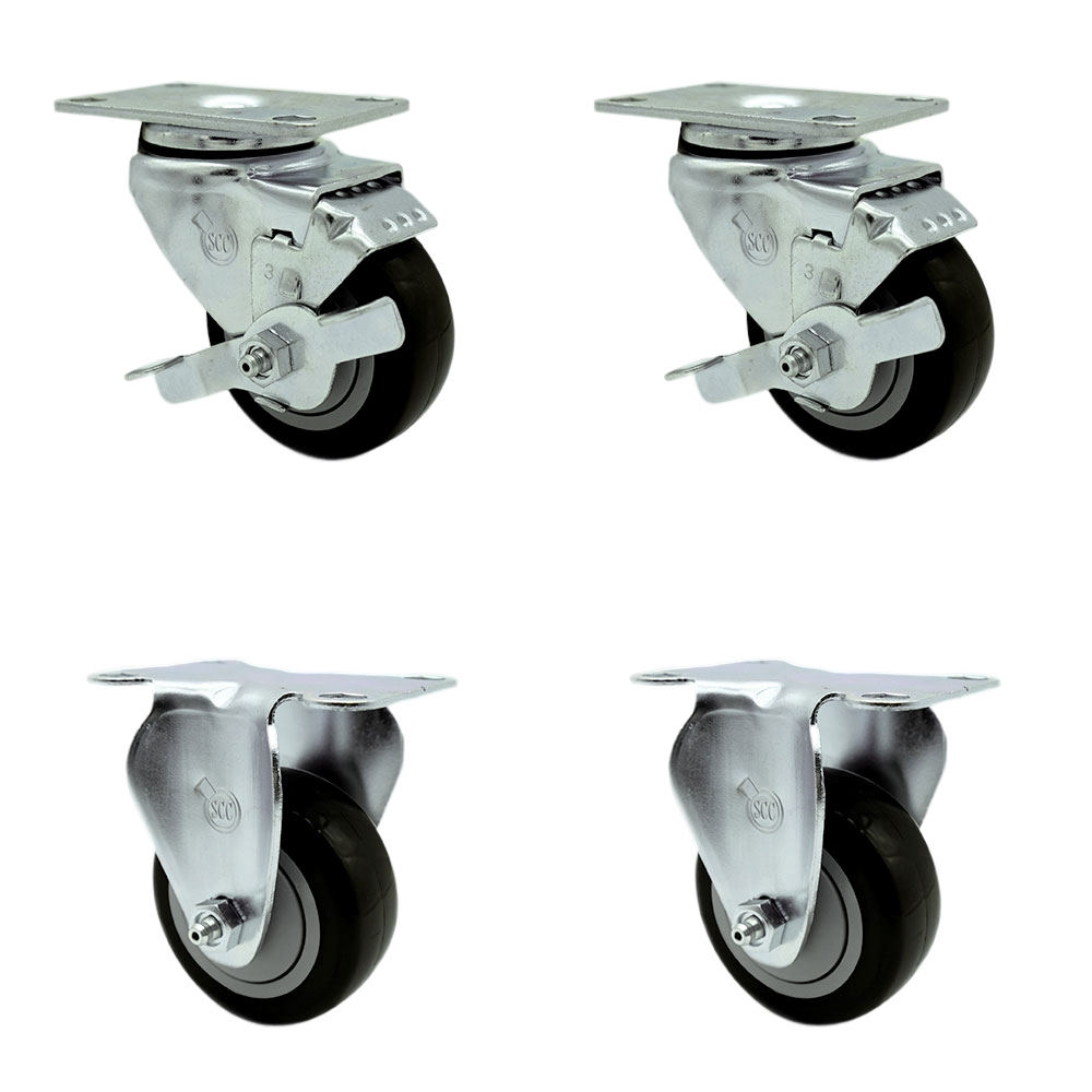 Swivel Caster Set of 4 with 2 Brakes and 2 Rigid - 3.5 Inch Black Polyurethane Wheel – 300 lbs. Capacity Per Caster – 3-1/8 Inch x 4-1/8 Inch Overall Top Plate – Service Caster Brand — photo 1