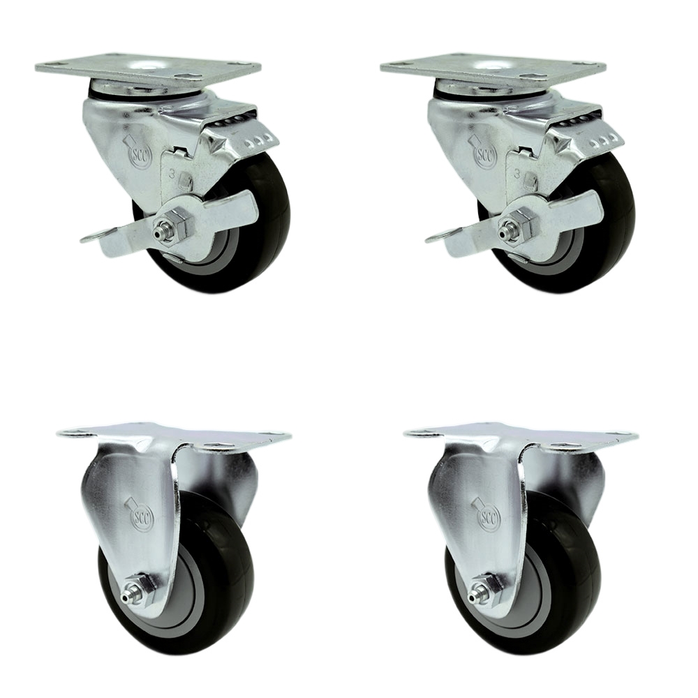 Polyurethane Swivel Top Plate Caster Set of 4 with 3.5 Inch Black Wheels - Includes 2 Swivel with Top Locking Brakes and 2 Rigid - 1200 lbs. Total Capacity - Service Caster Brand — photo 1