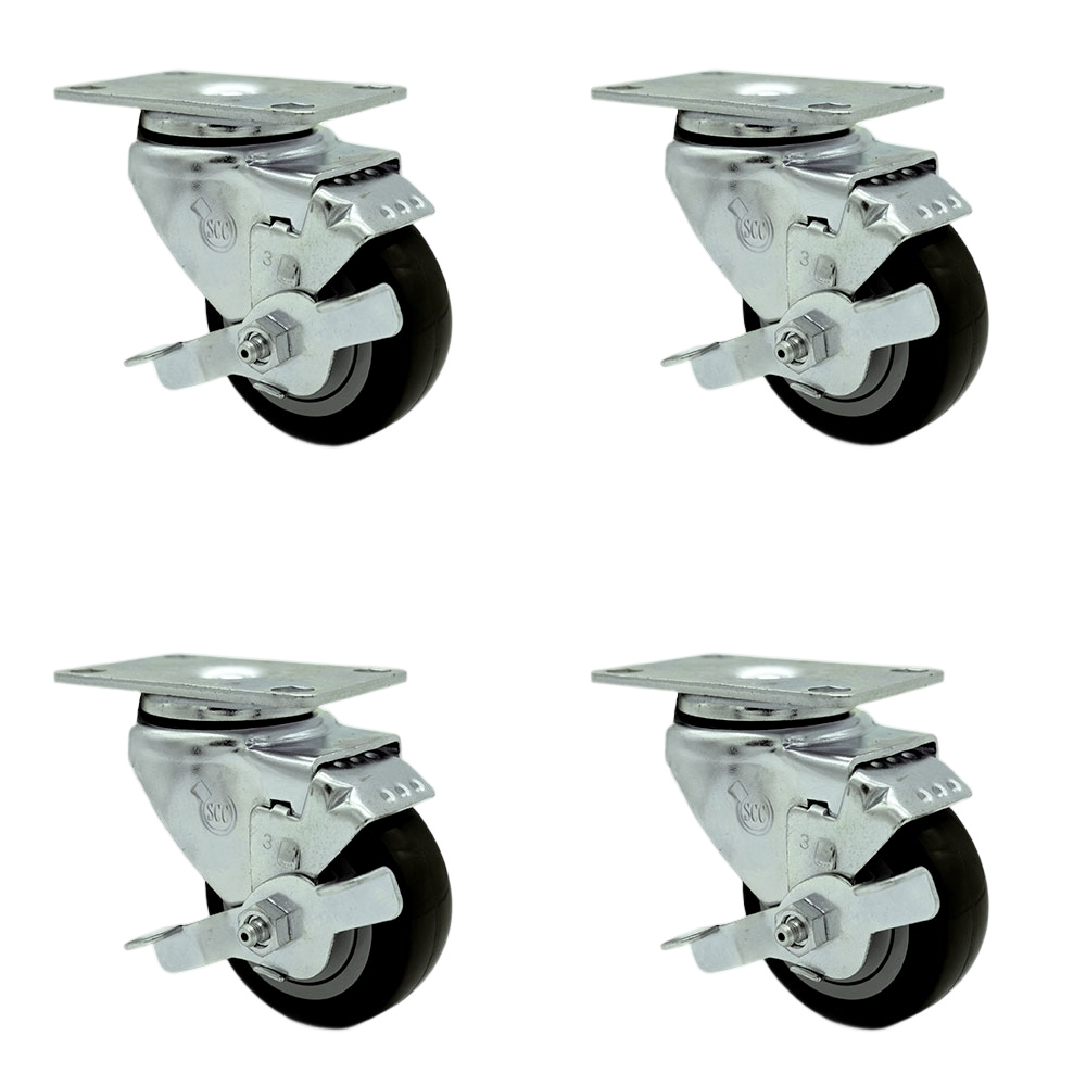Tool Box Caster Wheel Set - 3.5 Inch Non-Marking, Maintenance Free Black Polyurethane Wheels - Industrial Grade - 4 Swivel Casters with Top Lock Brakes - Service Caster Brand — photo 1