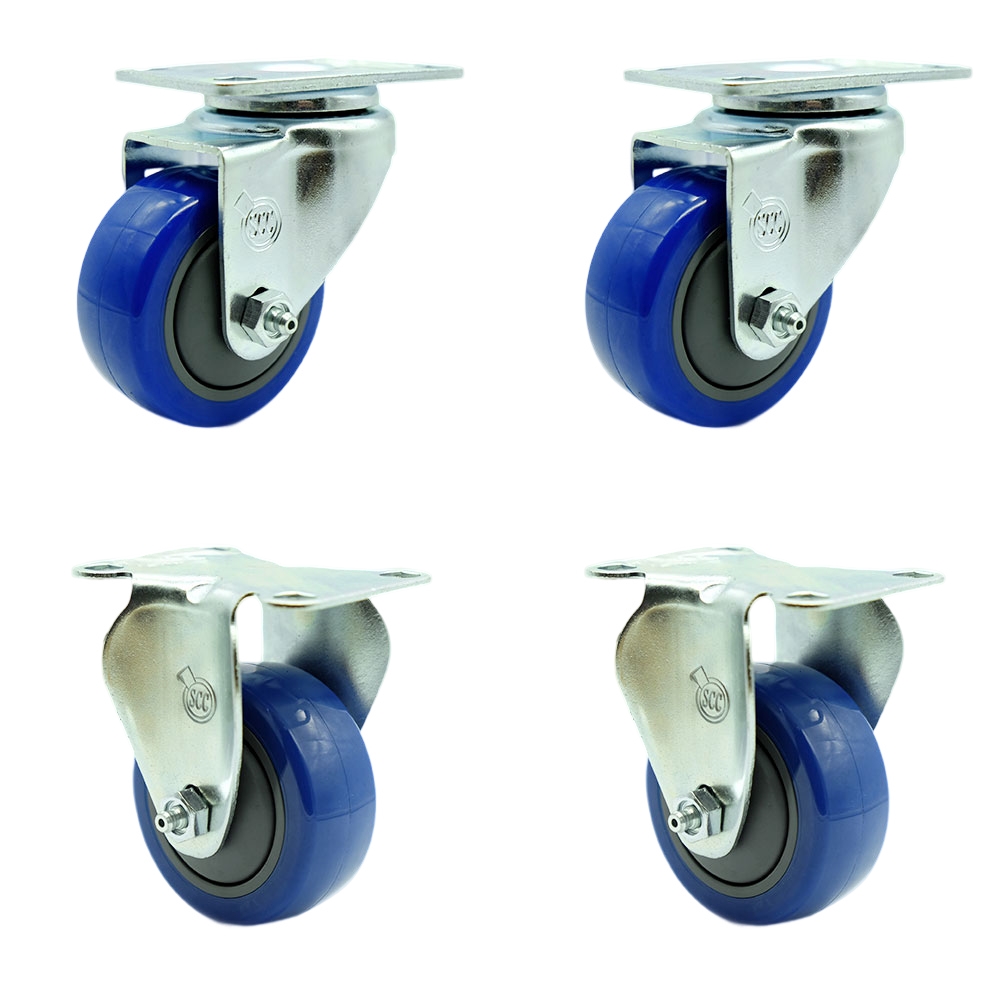 Swivel Caster Set of 4 with 2 Rigid Casters - 3.5 Inch Blue Polyurethane Wheel – 300 lbs. Capacity Per Caster–3-1/8 Inch x 4-1/8 Inch Overall Top Plate–Service Caster Brand — photo 1