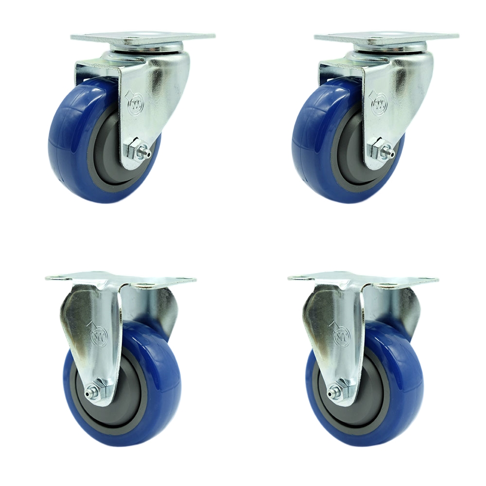 Polyurethane Swivel Top Plate Caster Set of 4 with 3.5 Inch Blue Wheels - Includes 2 Swivel and 2 Rigid - 1200 lbs. Total Capacity - Service Caster Brand — photo 1
