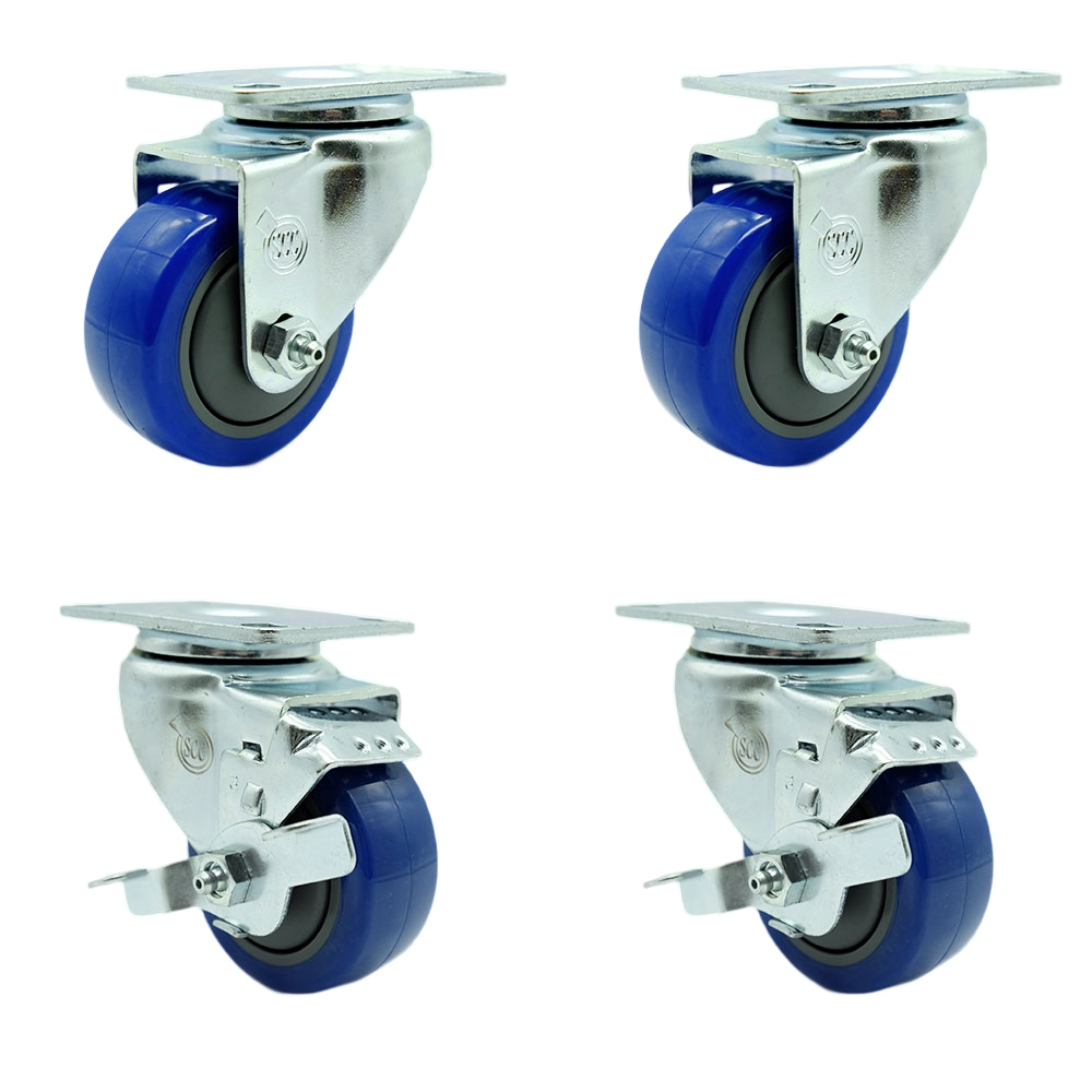Tool Box Caster Wheel Set - 3.5 Inch Non-Marking, Maintenance Free Blue Polyurethane Wheels - Industrial Grade - 2 Swivel with Top Lock Brakes - Service Caster Brand — photo 1