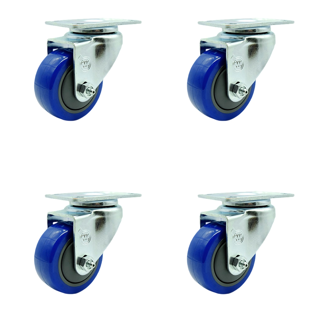 Swivel Caster Set of 4 with 3.5 Inch Blue Polyurethane Wheel – 300 lbs. Capacity Per Caster – 4 Inch x 4-1/2 Inch Overall Top Plate – Service Caster Brand — photo 1