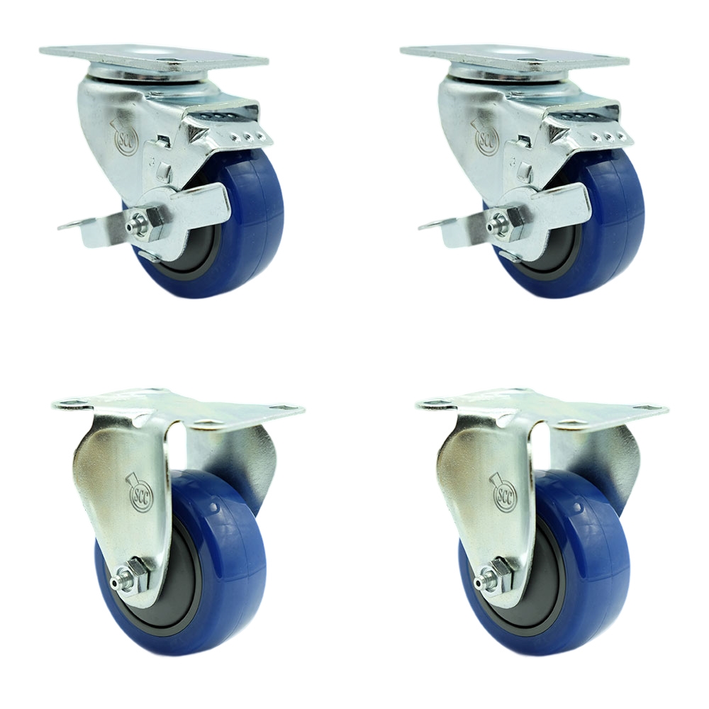 Swivel Caster Set of 4 with 2 Brakes and 2 Rigid - 3.5 Inch Blue Polyurethane Wheel – 300 lbs. Capacity Per Caster – 4 Inch x 4-1/2 Inch Overall Top Plate – Service Caster Brand — photo 1