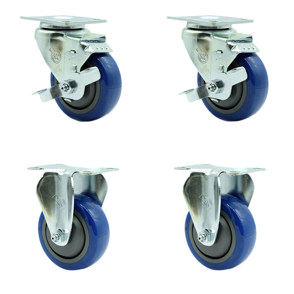 Polyurethane Swivel Top Plate Caster Set of 4 with 3.5 Inch Blue Wheels - Includes 2 Swivel with Top Locking Brakes and 2 Rigid - 1200 lbs. Total Capacity - Service Caster Brand — photo 1