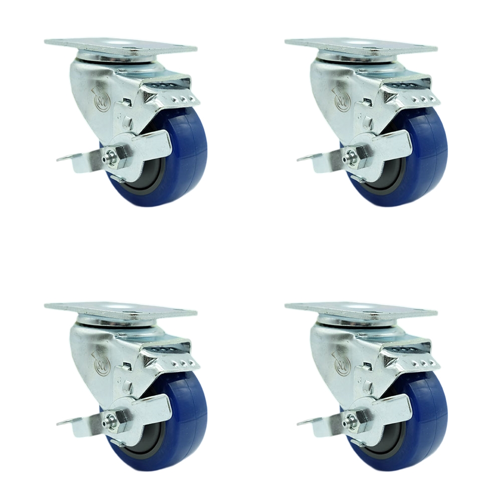 Tool Box Caster Wheel Set - 3.5 Inch Non-Marking, Maintenance Free Blue Polyurethane Wheels - Industrial Grade - 4 Swivel Casters with Top Lock Brakes - Service Caster Brand — photo 1