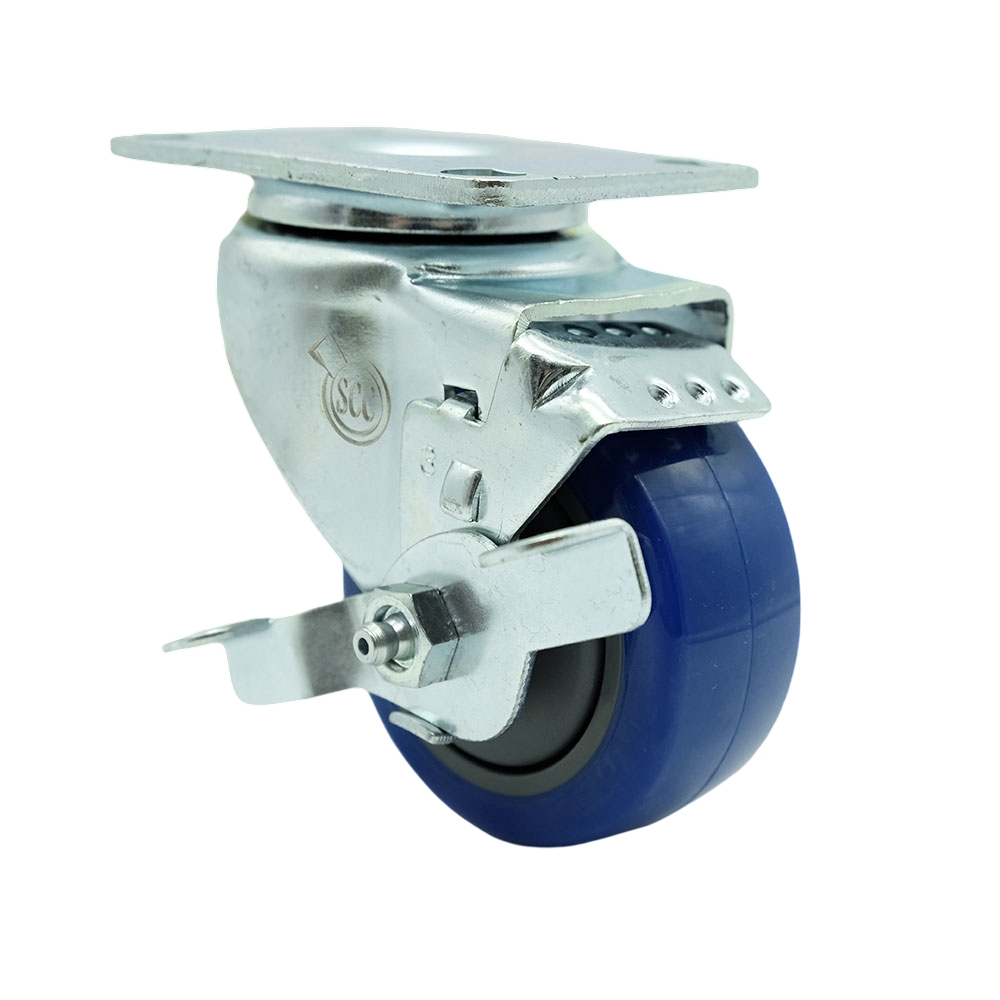 Swivel Caster with Top Lock Brake and 3.5 Inch Blue Polyurethane Wheel – 300 lbs. Capacity Per Caster – 3-1/8 Inch x 4-1/8 Inch Overall Top Plate –Service Caster Brand — photo 1