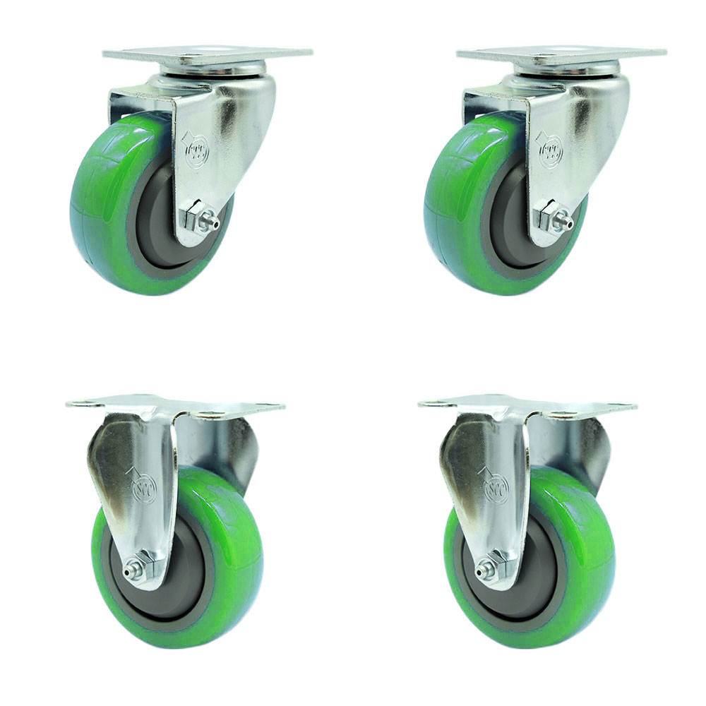 Swivel Caster Set of 4 with 2 Rigid Casters - 3.5 Inch Green Polyurethane Wheel – 300 lbs. Capacity Per Caster–4 Inch x 4-1/2 Inch Overall Top Plate–Service Caster Brand — photo 1