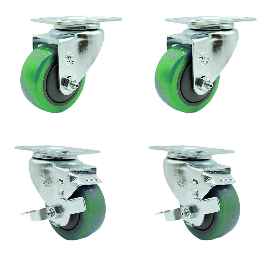 Swivel Caster Set of 4 with 2 Brakes - 3.5 Inch Green Polyurethane Wheel – 300 lbs. Capacity Per Caster – 4 Inch x 4-1/2 Inch Overall Top Plate – Service Caster Brand — photo 1