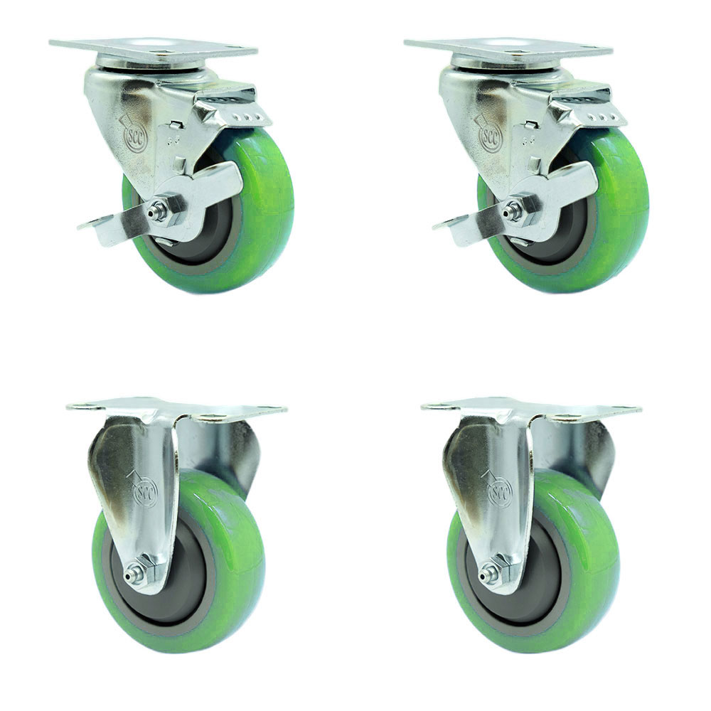 Polyurethane Swivel Top Plate Caster Set of 4 with 3.5 Inch Green Wheels - Includes 2 Swivel with Top Locking Brakes and 2 Rigid - 1200 lbs. Total Capacity - Service Caster Brand — photo 1