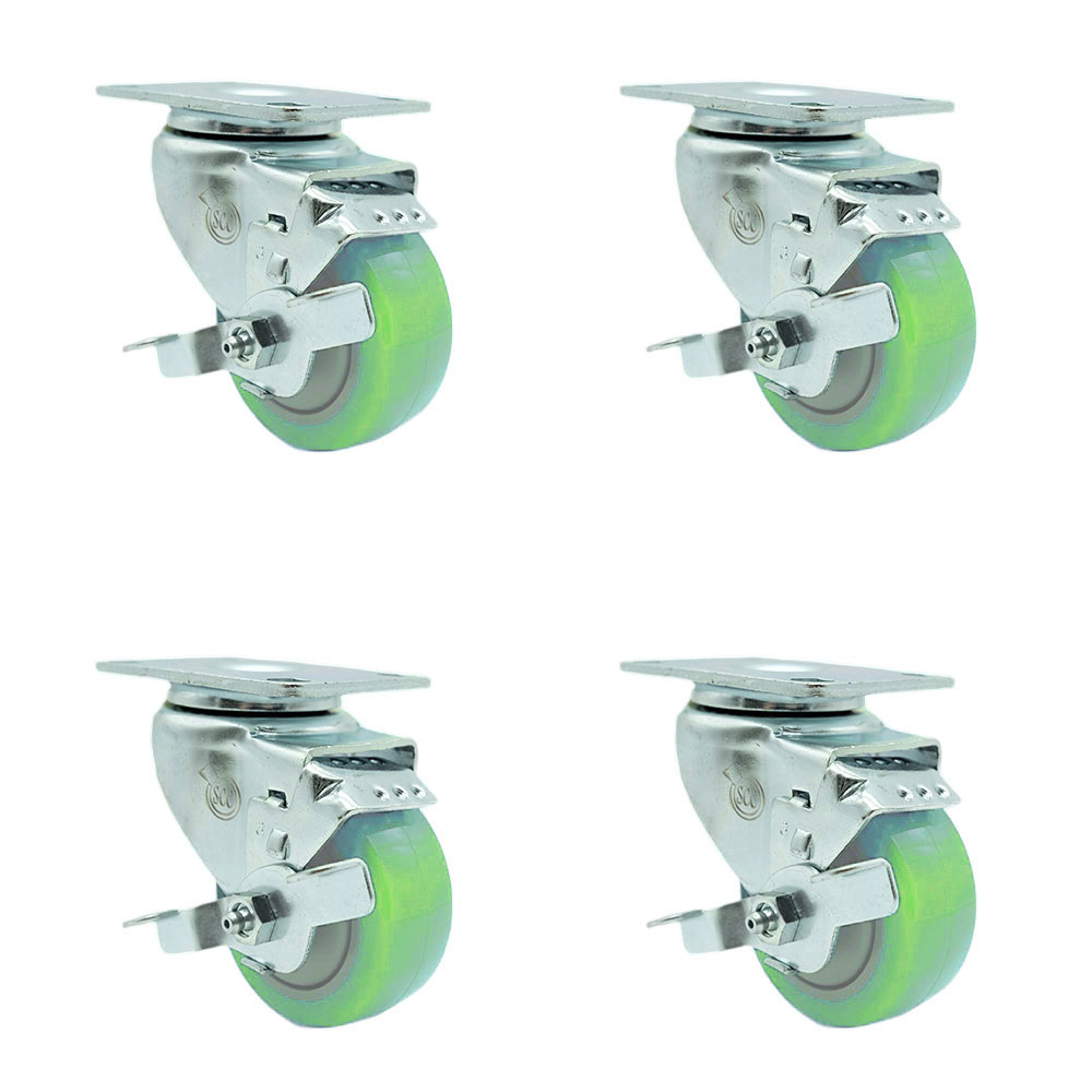 Polyurethane Swivel Top Plate Caster Set of 4 with 3.5 Inch Green Wheels - Includes 4 Swivel with Top Lock Brakes - 1200 lbs. Total Capacity - Service Caster Brand — photo 1