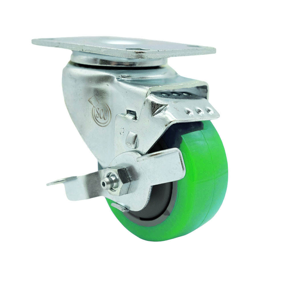 Polyurethane Swivel Top Plate Swivel Caster with 3.5 Inch Green Wheel and Top Locking Brake - 300 lbs. Capacity Per Caster - Service Caster Brand — photo 1