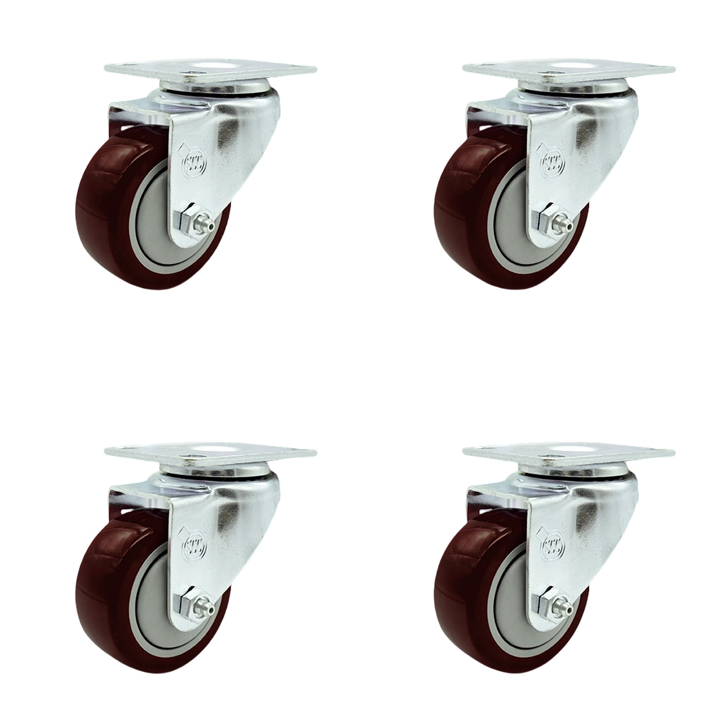 Swivel Caster Set of 4 with 3.5 Inch Maroon Polyurethane Wheel – 300 lbs. Capacity Per Caster – 4 Inch x 4-1/2 Inch Overall Top Plate – Service Caster Brand — photo 1