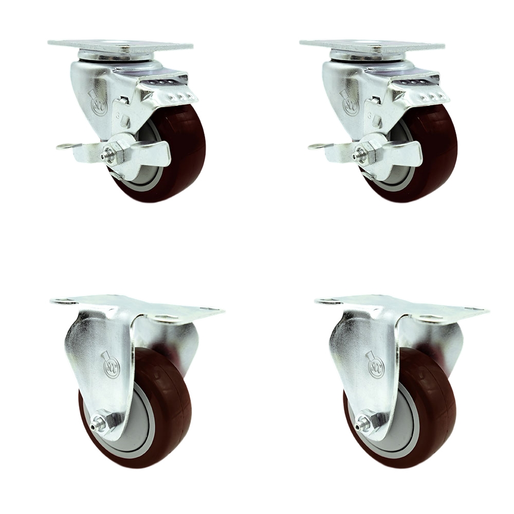 Polyurethane Swivel Top Plate Caster Set of 4 with 3.5 Inch Maroon Wheels - Includes 2 Swivel with Top Locking Brakes and 2 Rigid - 1200 lbs. Total Capacity - Service Caster Brand — photo 1