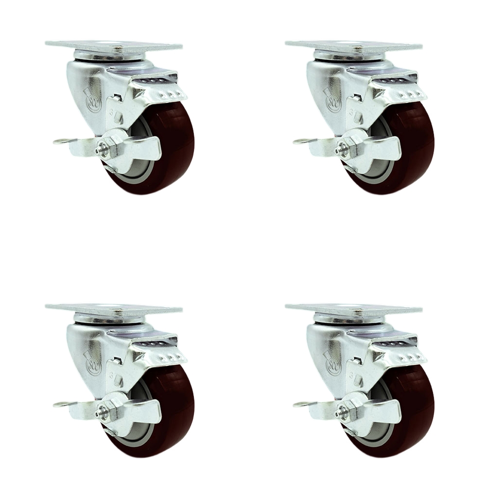 Tool Box Caster Wheel Set - 3.5 Inch Non-Marking, Maintenance Free Maroon Polyurethane Wheels - Industrial Grade - 4 Swivel Casters with Top Lock Brakes - Service Caster Brand — photo 1