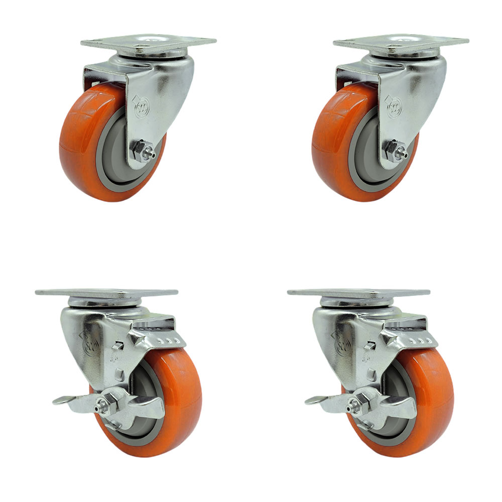 Swivel Caster Set of 4 with 2 Brakes - 3.5 Inch Orange Polyurethane Wheel – 300 lbs. Capacity Per Caster – 4 Inch x 4-1/2 Inch Overall Top Plate – Service Caster Brand — photo 1