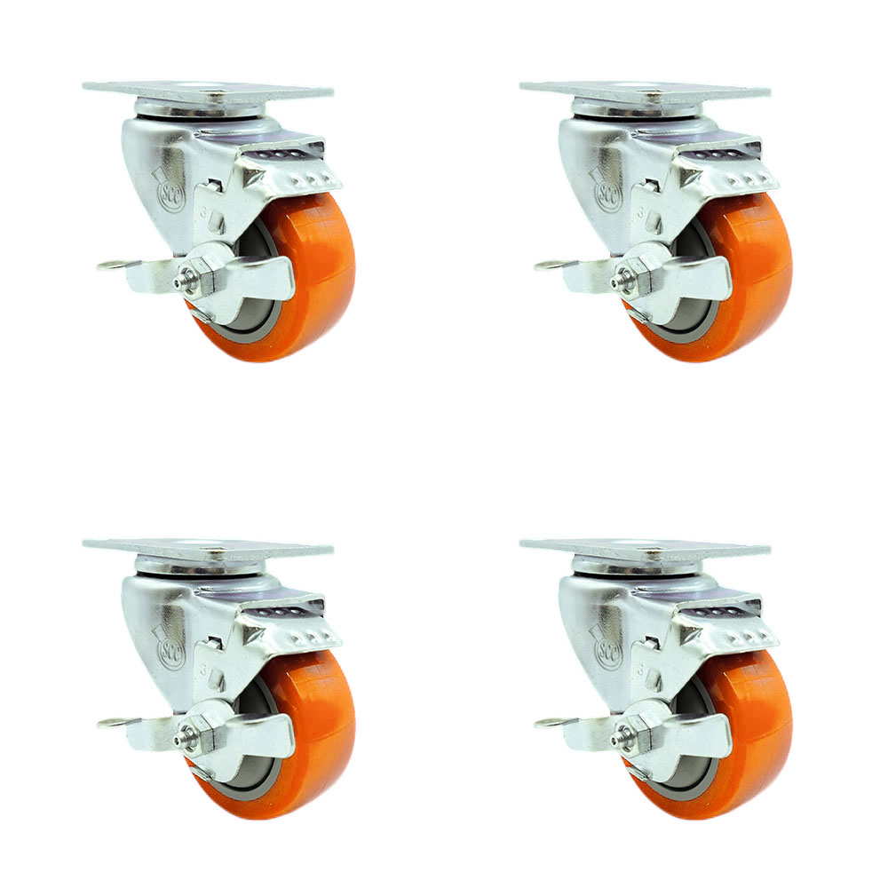 Swivel Caster Set of 4 with Brakes and 3.5 Inch Orange Polyurethane Wheel – 300 lbs. Capacity Per Caster – 4 Inch x 4-1/2 Inch Overall Top Plate–Service Caster Brand — photo 1