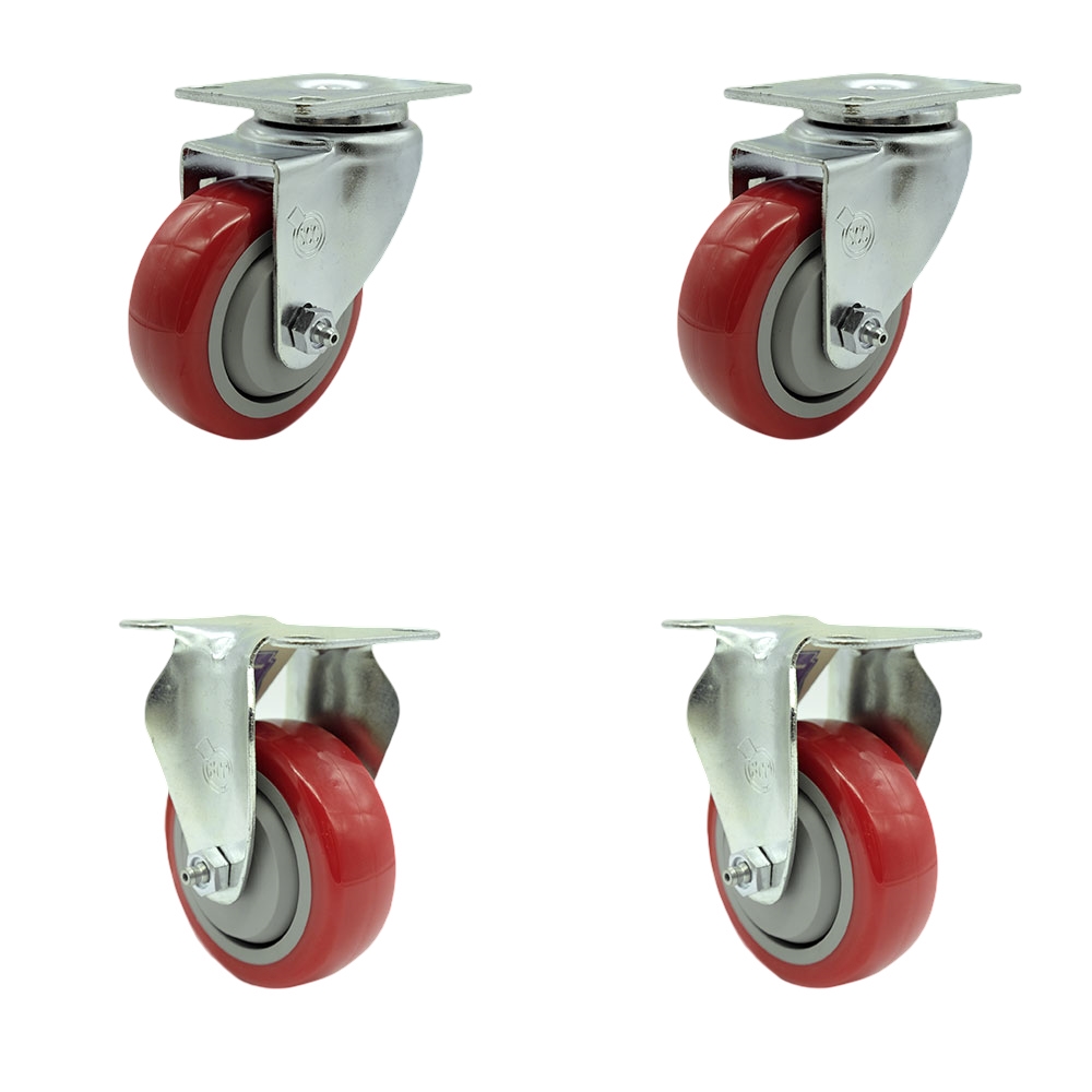 Polyurethane Swivel Top Plate Caster Set of 4 with 3.5 Inch Red Wheels - Includes 2 Swivel and 2 Rigid - 1200 lbs. Total Capacity - Service Caster Brand — photo 1