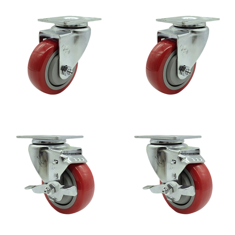 Tool Box Caster Wheel Set - 3.5 Inch Non-Marking, Maintenance Free Red Polyurethane Wheels - Industrial Grade - 2 Swivel with Top Lock Brakes - Service Caster Brand — photo 1