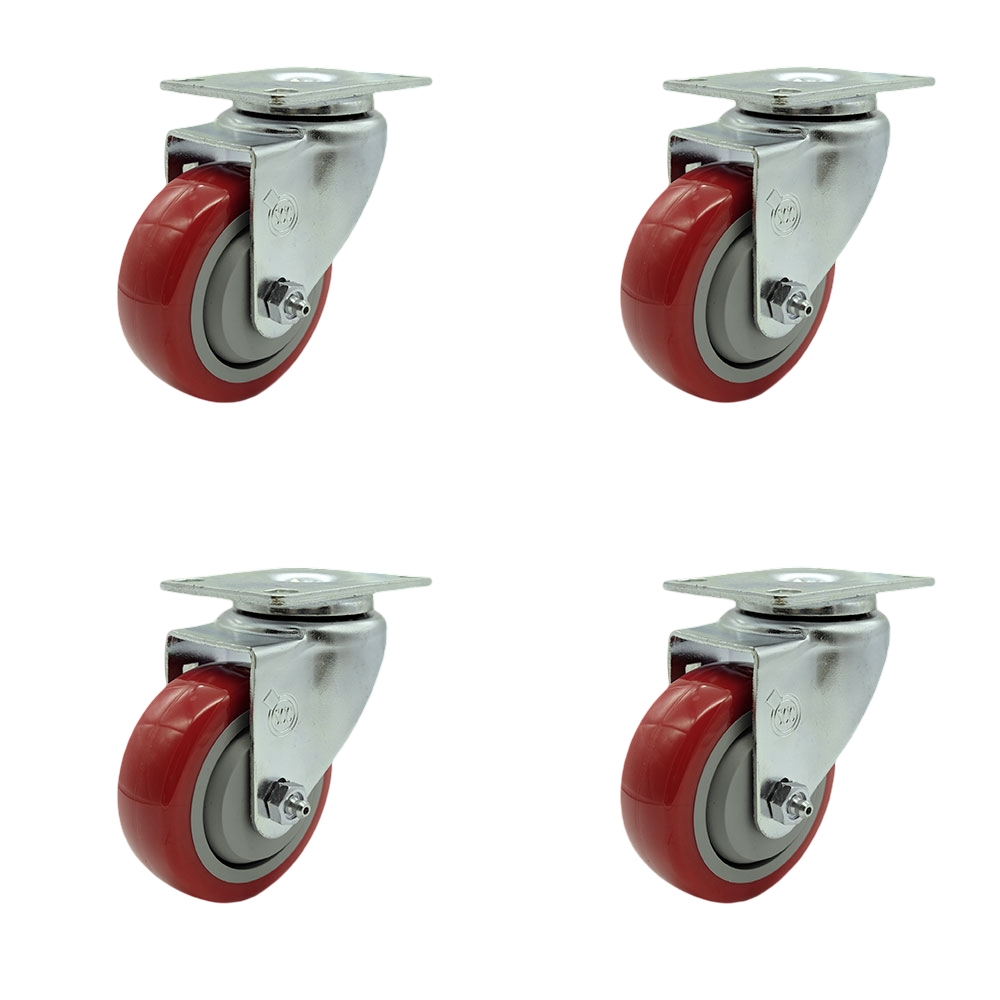 Polyurethane Swivel Top Plate Caster Set of 4 with 3.5 Inch Red Wheels - Includes 4 Swivel - 1200 lbs. Total Capacity - Service Caster Brand — photo 1