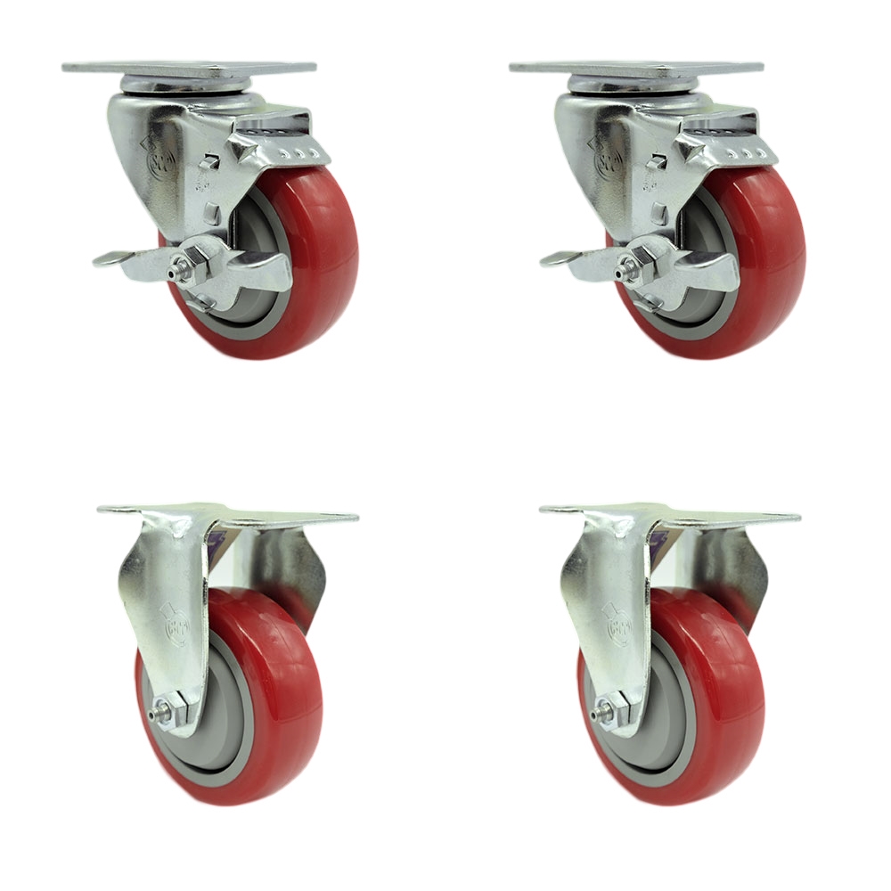 Tool Box Caster Wheel Set - 3.5 Inch Non-Marking, Maintenance Free Red Polyurethane Wheels - Industrial Grade - 2 Swivel with Top Lock Brakes - Service Caster Brand — photo 1