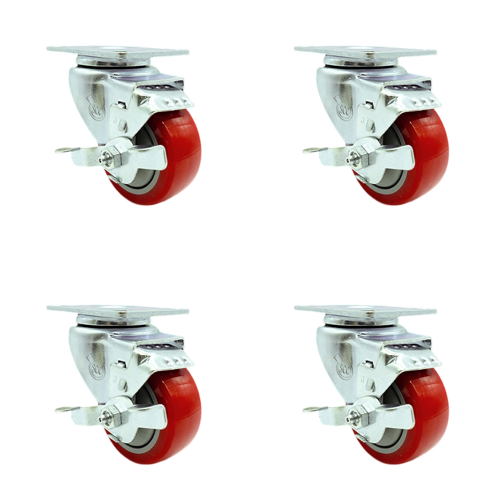 Tool Box Caster Wheel Set - 3.5 Inch Non-Marking, Maintenance Free Red Polyurethane Wheels - Industrial Grade - 4 Swivel Casters with Top Lock Brakes - Service Caster Brand — photo 1