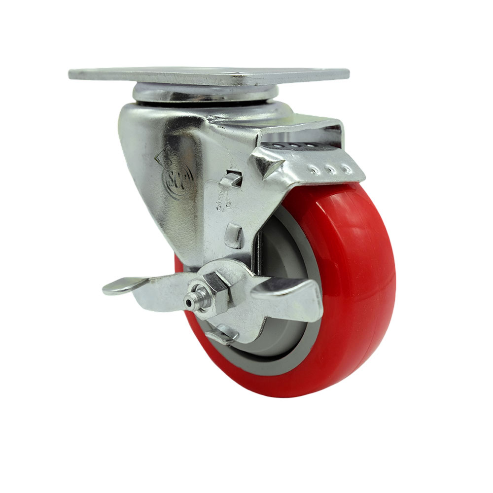 Service Caster Brand Replacement for Colson Caster 2.03256.95 MTG27 BRK1 - Swivel Caster with Top Lock Brake and 3.5 Inch Red Polyurethane Wheel - 4 Inch x 4-1/2 Inch Overall Top Plate — photo 1