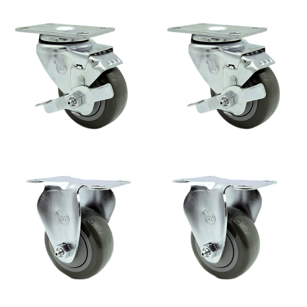 Polyurethane Swivel Top Plate Caster Set of 4 with 3.5 Inch Gray Wheels - Includes 2 Swivel with Top Locking Brakes and 2 Rigid - 1200 lbs. Total Capacity - Service Caster Brand — photo 1
