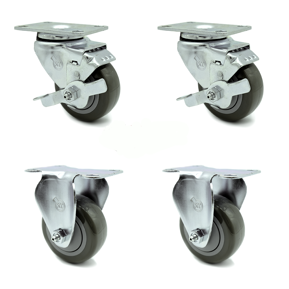 Swivel Caster Set of 4 with 2 Brakes and 2 Rigid - 3.5 Inch Gray Polyurethane Wheel – 300 lbs. Capacity Per Caster – 4 Inch x 4-1/2 Inch Overall Top Plate – Service Caster Brand — photo 1