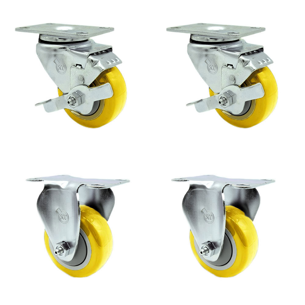 Polyurethane Swivel Top Plate Caster Set of 4 with 3.5 Inch Yellow Wheels - Includes 2 Swivel with Top Locking Brakes and 2 Rigid - 1200 lbs. Total Capacity - Service Caster Brand — photo 1