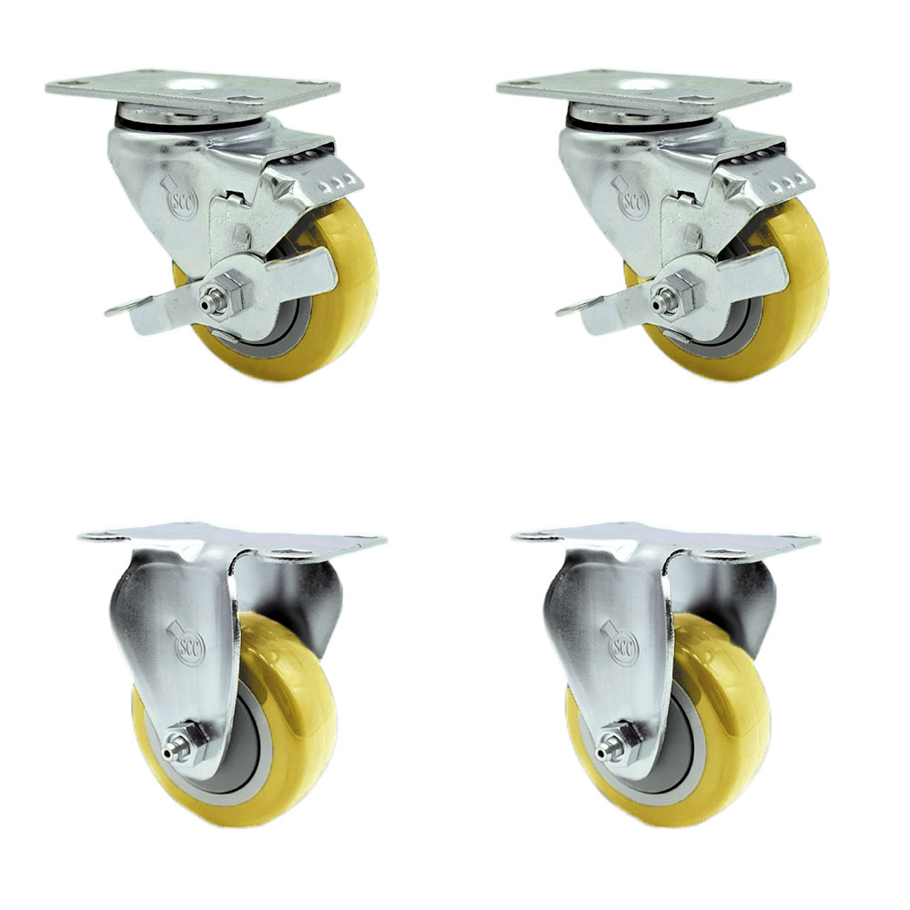 Stainless Steel Polyurethane Swivel Top Plate Caster Set of 4 w/3.5" x 1.25" Yellow Wheels - Includes 2 Swivel with Top Locking Brakes & 2 Rigid - 1200 lbs Total Capacity - Service Caster Brand — photo 1